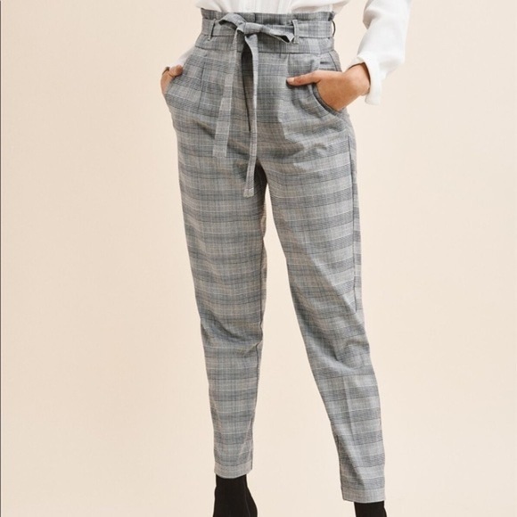 𝅺dynamite plaid gray high waist belt pinstripes paper bag pants - Picture 1 of 6